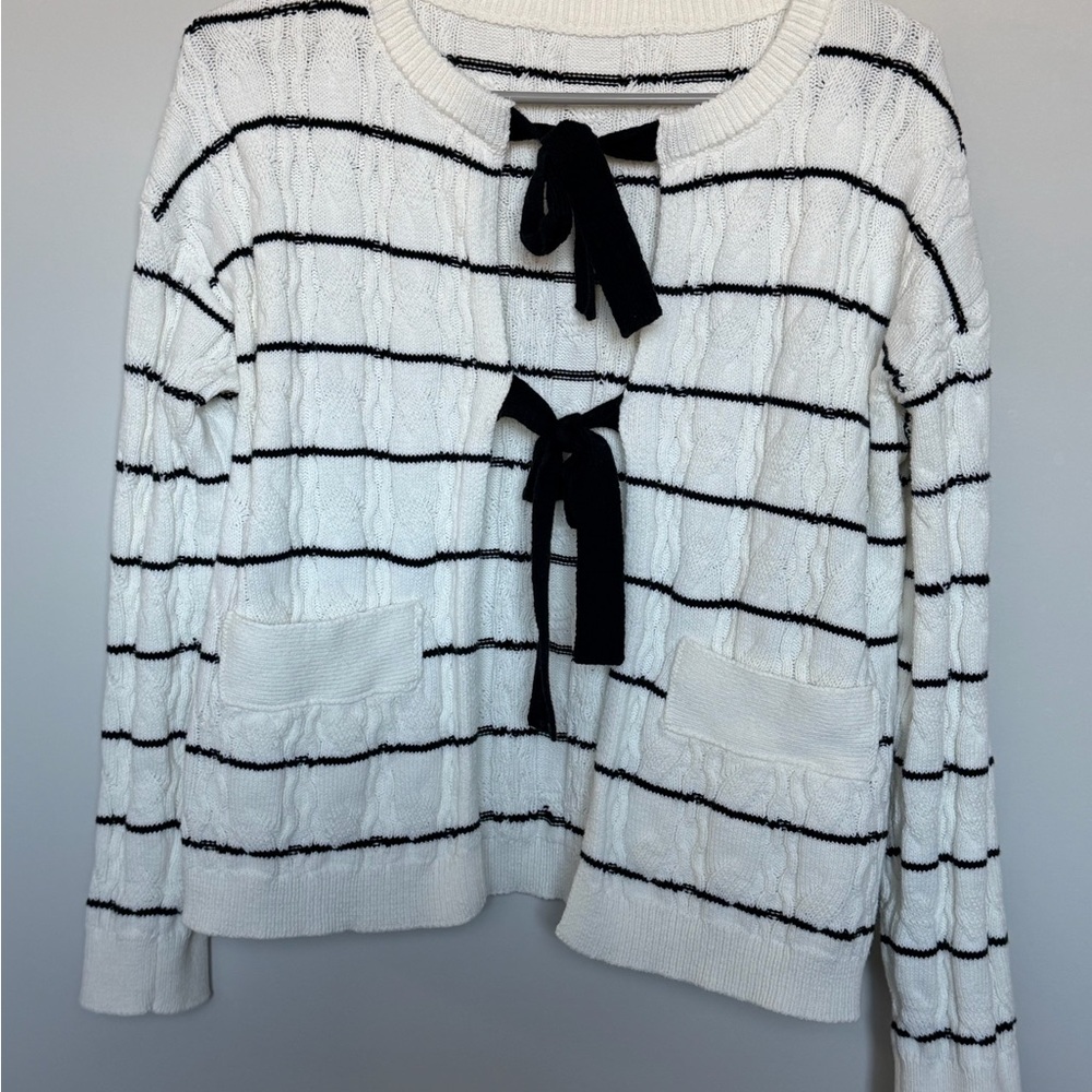 Striped Black and White Sweater with Bow Accents